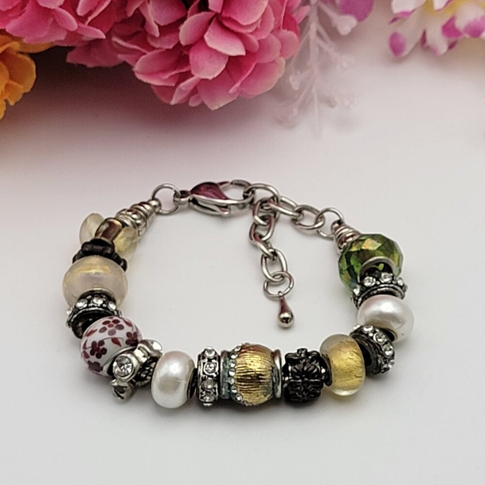 Silver Tone Multicolor Glass Charm Bracelet 8.5" Adjustable Lobster Clasp
